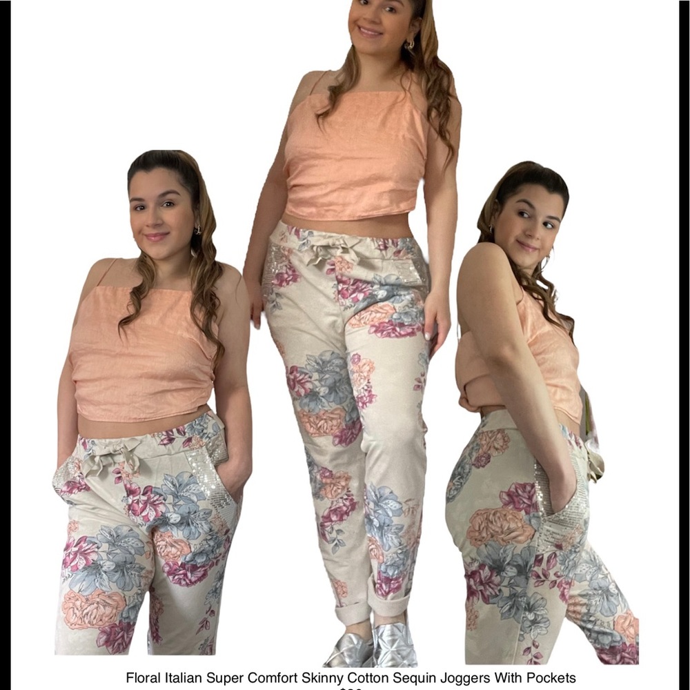 New Made in Italy Floral Sequin Pocket Trouser Cream - Picture 2 of 4